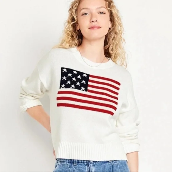 OLD NAVY Women’s American Flag Cotton Crewneck Boxy Sweater | Ivory | Size Large - Picture 8 of 8